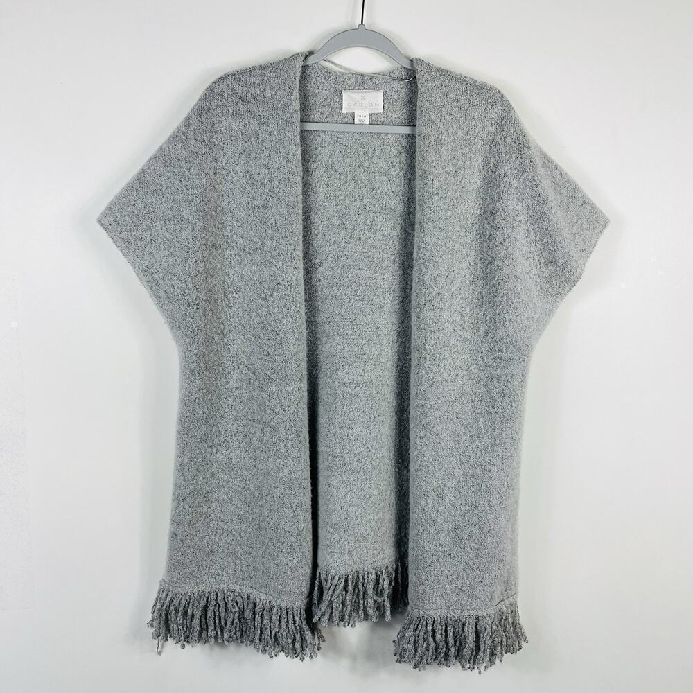 Caslon One Size Fringe Trim Open Kimono Cardigan Sweater Gray Wool Alpaca